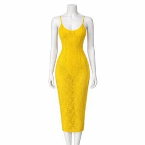 New Banjul long yellow shear lace overlay bodysuit. Small